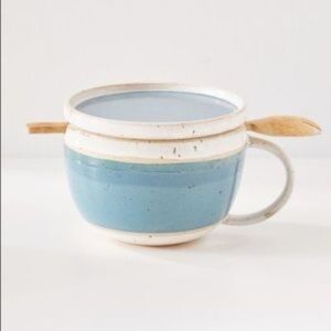 New Urban Outfitters Blue and Cream Ceramic Mug with Lid and Spoon